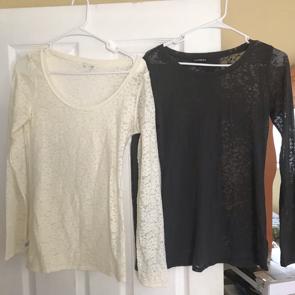 Express Women's Long Sleeve Lace Tops - Cream and Gray S